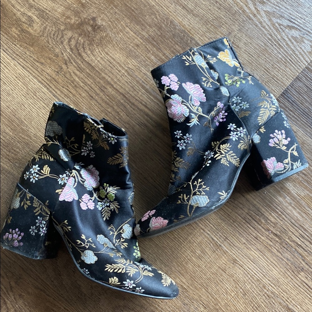 Charlotte Russe Black and Pink Heeled Boots Floral Design
